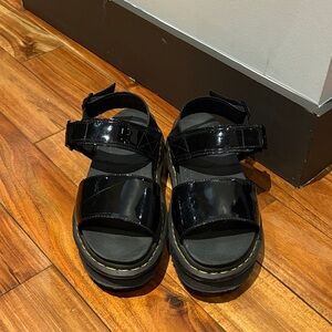 Dr. Martens Black Patent Platform Sandals with Yellow Stitching